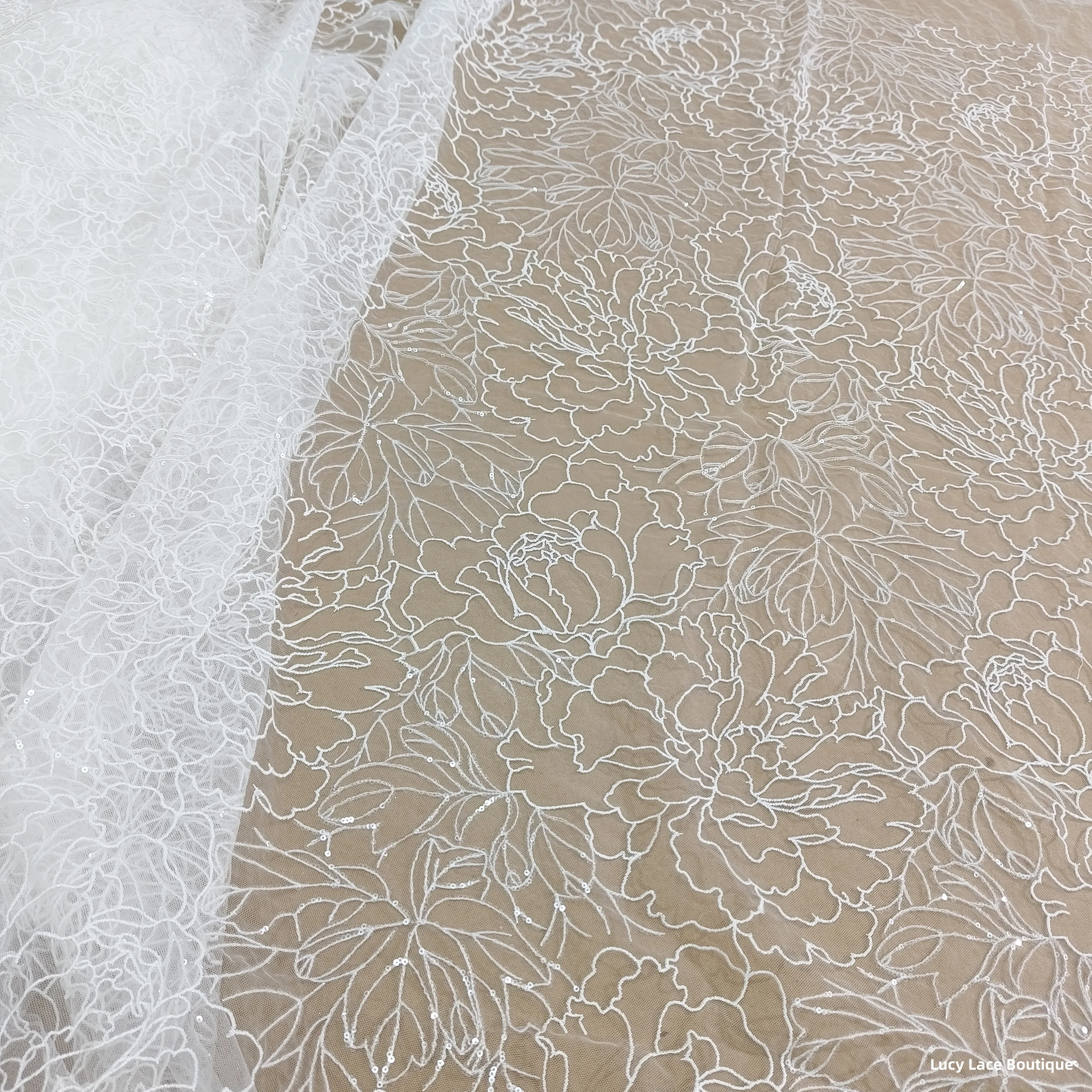 

125 см широкая вышивка из тюля с блестками, сетчатая кружевная ткань светлого цвета слоновой кости, свадебное платье, кружево высокого качества, изысканное швейное кружево 1 м