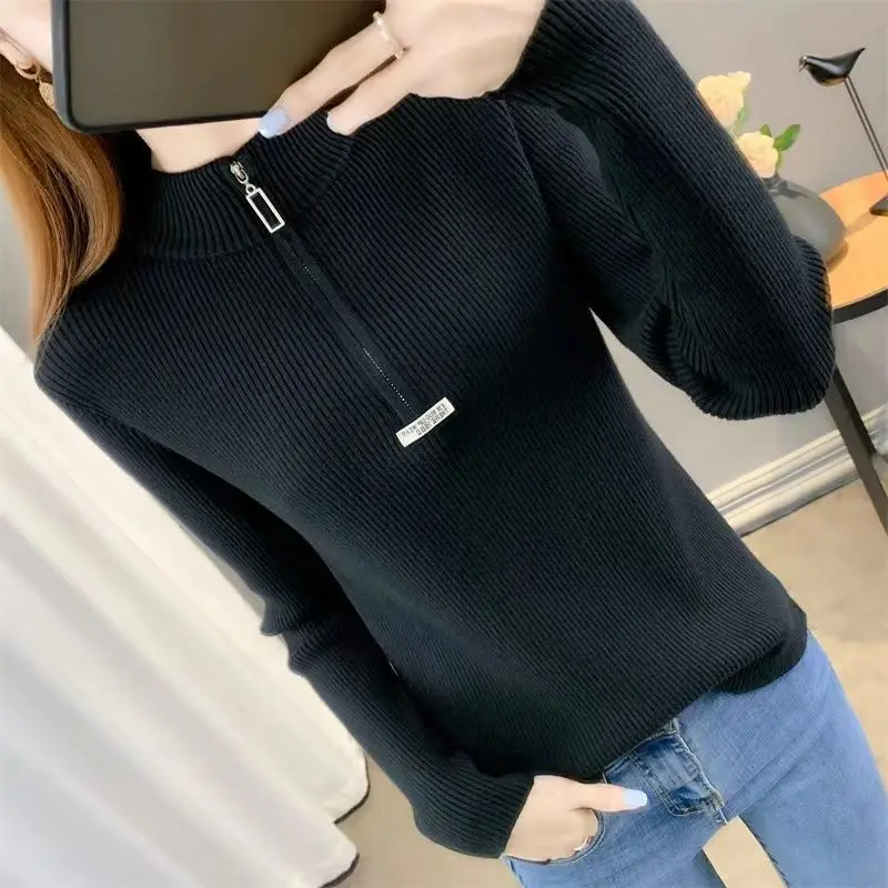 Autumn Winter Women Simple Stand Collar Half Zipper Basic Knitted Sweater Korean Solid Casual Long Sleeve Slim Fit Pullover Tops