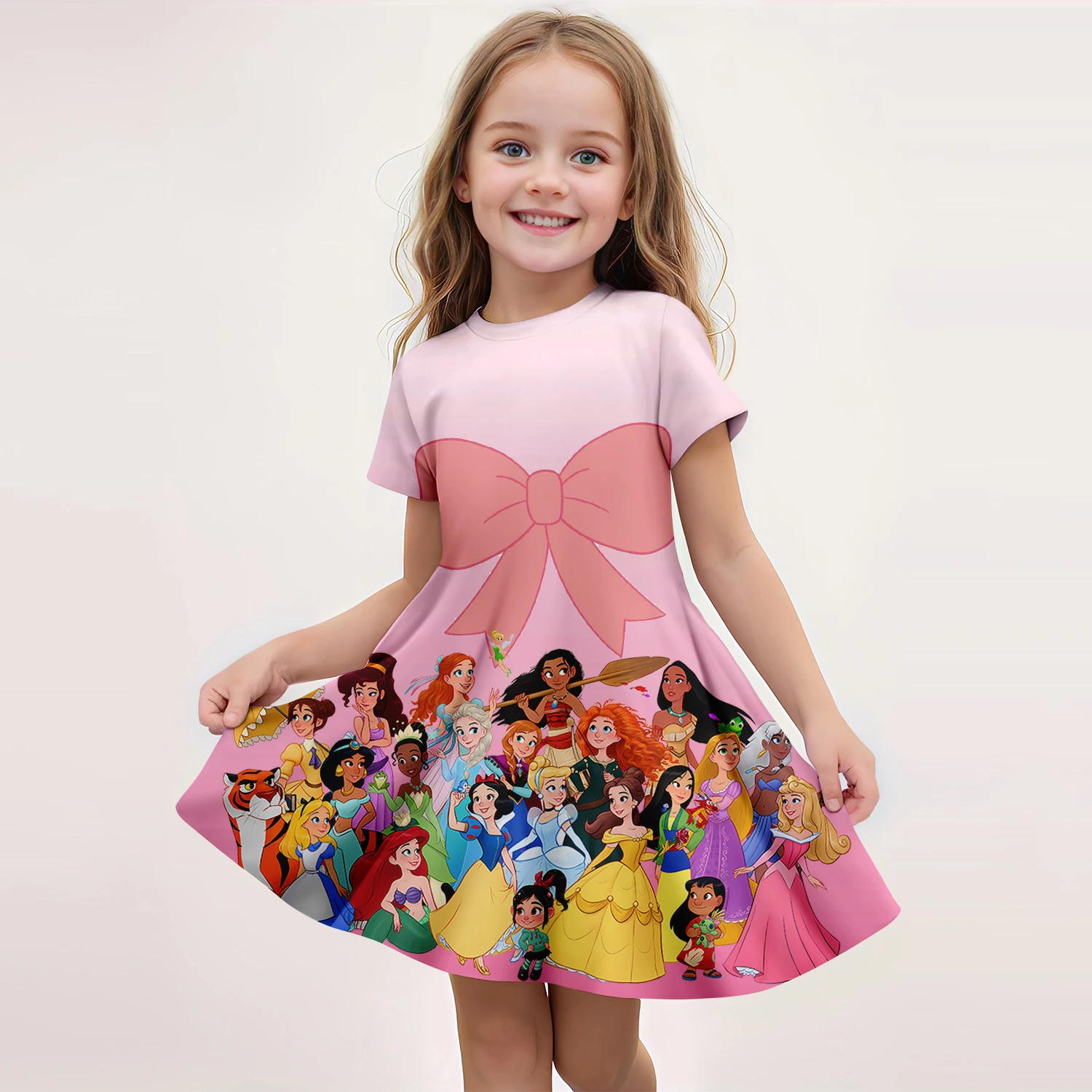

2025 Girl's Dress Disney Summer Snow White MINISO Short sleeved Dress Princess 3D Print Cute Children's Clothing Party Tops