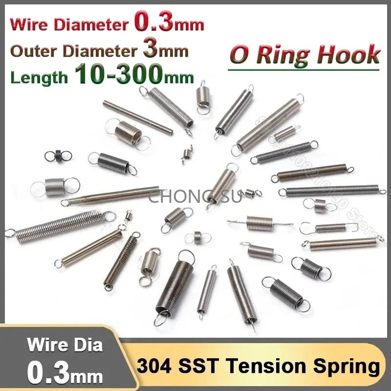 

304 Stainless Steel Tension Spring With Dual O Hook Extension Pullback Stretching Spring Wire Dia 0.3mm OD 3mm Length 10-300mm