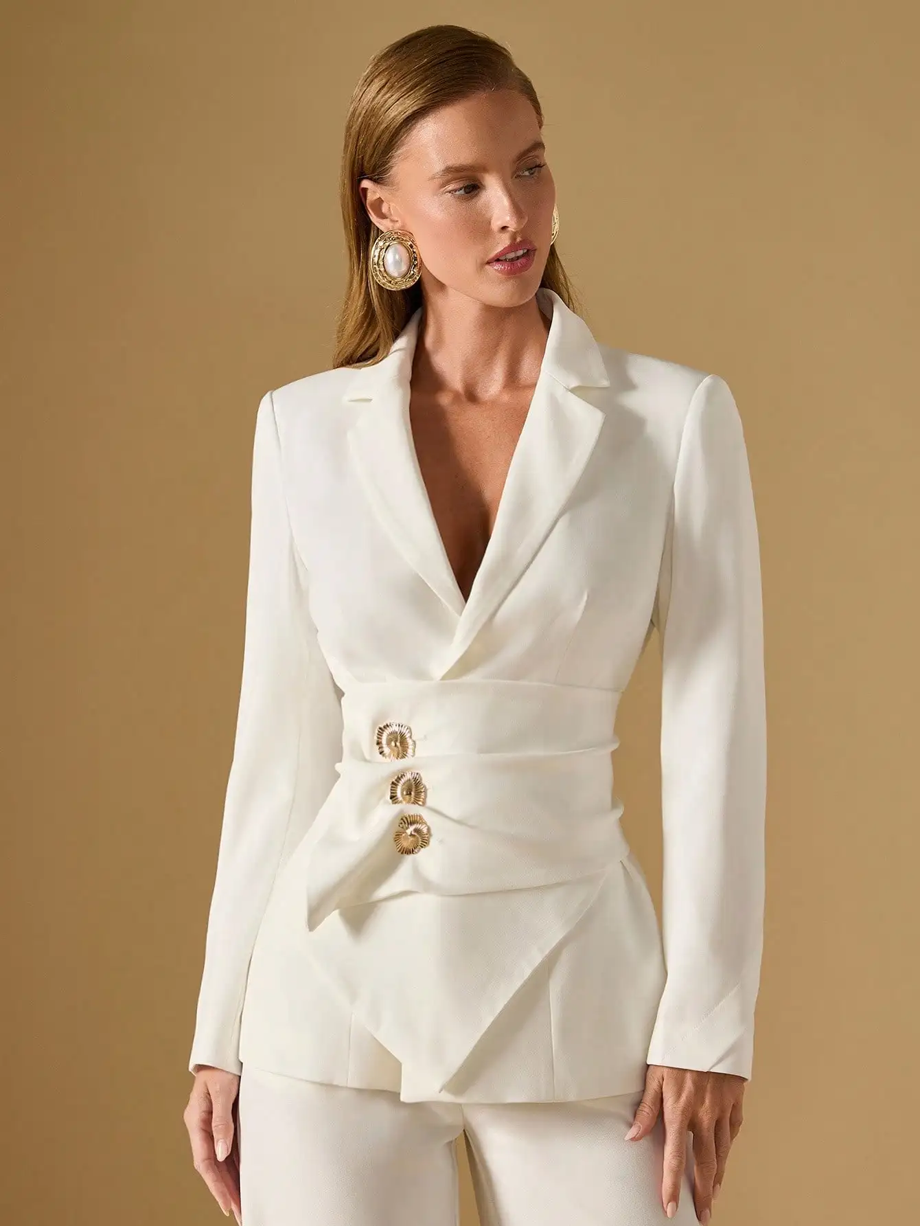 

Women's White Elegant Blazer with Waist Cinching & Gold Buttons, Chic Office Wear for Fall