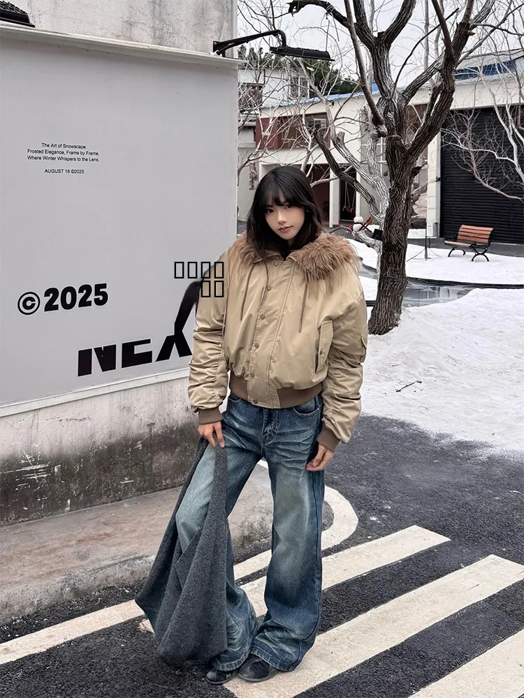 URKR Street Retro Abrigo de piloto con capucha para mujer relleno de algodón Thiened American Sle ort algodón picante Jaet cálido largo Sve