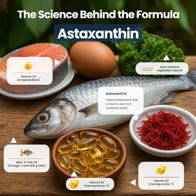 Omega-3 Fish Oil Contains Vitamin D3, K2, Astaxanthin EPA, and DHA-60 Soft Capsules
