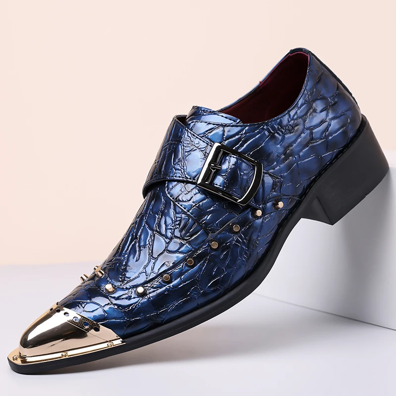 2026 Fashion Rivets Blue Dress Shoes Men Casual Bussiness Designer Leather Shoes for Man Size 46 Ponited-Toe Men's Wedding Shoes