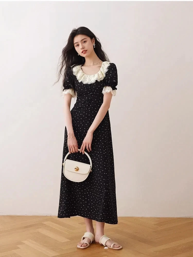 2024 Summer New Gentle Style Lace Ruffle Collar High-end Feeling Slimming Floral Dress