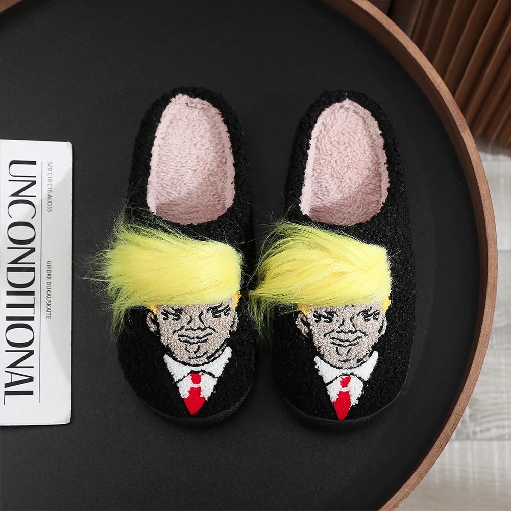 Plush Trump Wig Slippers Warm Slip-on House Shoes Non-Slip Funny Thermal Slippers Creative 3D Fake Hair Furry Slipper for Winter