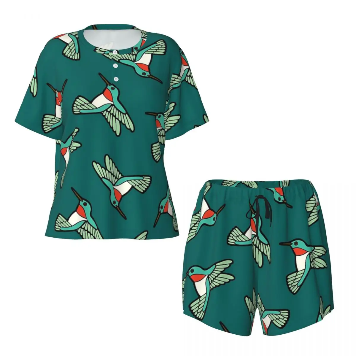 Hummingbird Pattern Round Neck Short Sleeves Nightdress for Sleeping Sleepshirts Women Loose Pajama Set Short Pants
