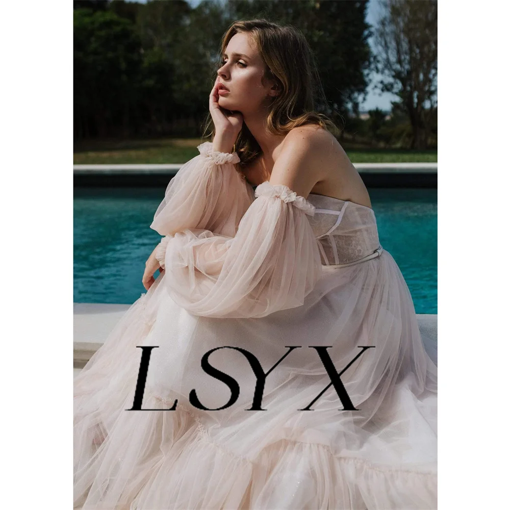 LSYX Off-Shoulder Tulle Sweetheart Wedding Dress For Women Illusion Lace Up Back A-Line Floor Length Bridal Gown Custom Made