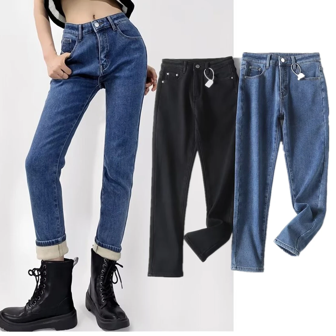 

Withered Winter Trousers Fashionable Girl Pants Women Plush Jeans With High Waist And Slim Fit Jeans Casual Dneim