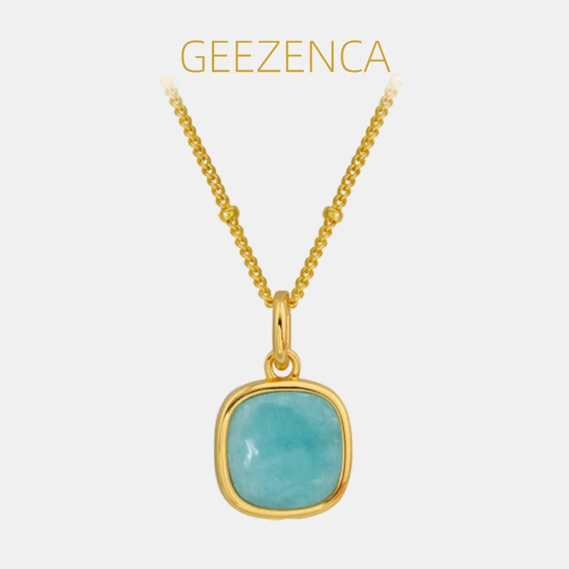 GEEZENCA Natural Amazonite 925 Silver Pendant Necklace For Women Luxury 18k Gold Blue Stone Minimalism Chic Necklaces 2024 New