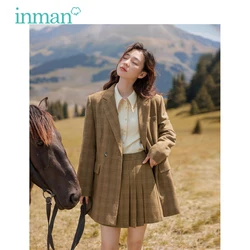 INMAN Women Blazer 2023 Winter Long Sleeve Sailor Collar Loose Thick Cotton Coat Checkered Print Minimal Commuting Outwear