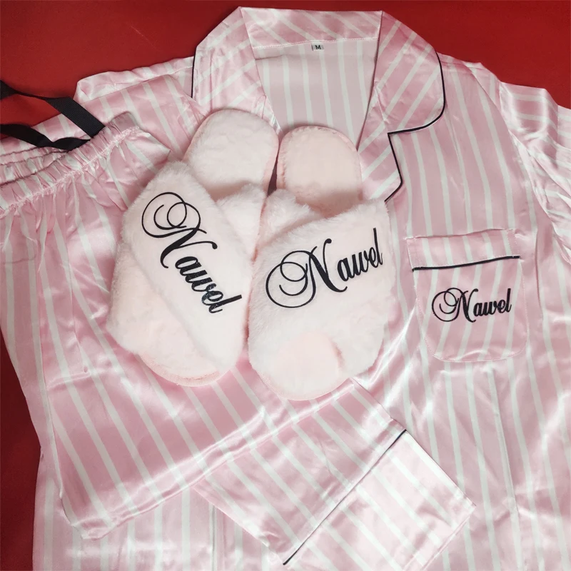Conjunto de pijama de satén de seda sintética con nombre personalizado para mujer, ropa de dormir de manga larga, traje de casa, 2 piezas
