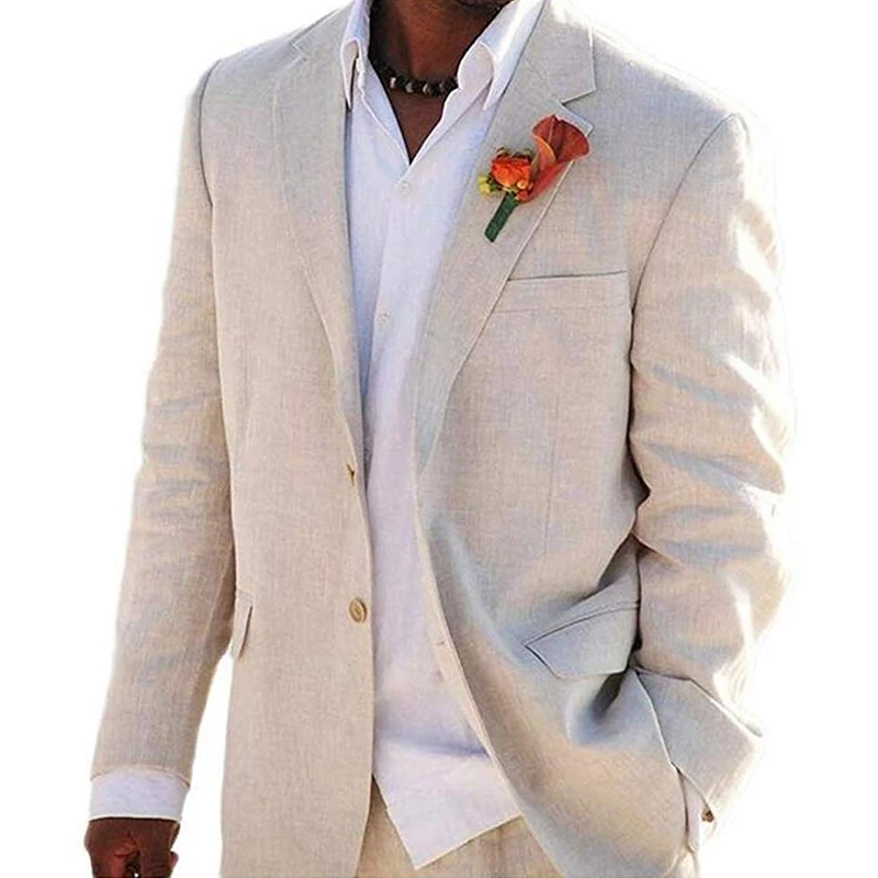 Beige Linen Men Suits for Wedding with Notched Lapel 2 Piece Groom Tuxedo Summer Male Fashion Costume Jacket with Pants 2024