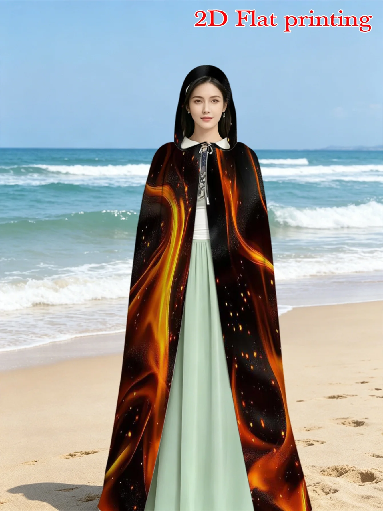 Customization 1pc 1pcs Hooded Cloak Costume With Flames & Sparks Print - 100% Polyester Machine Washable Hooded Robe Suitable Fo