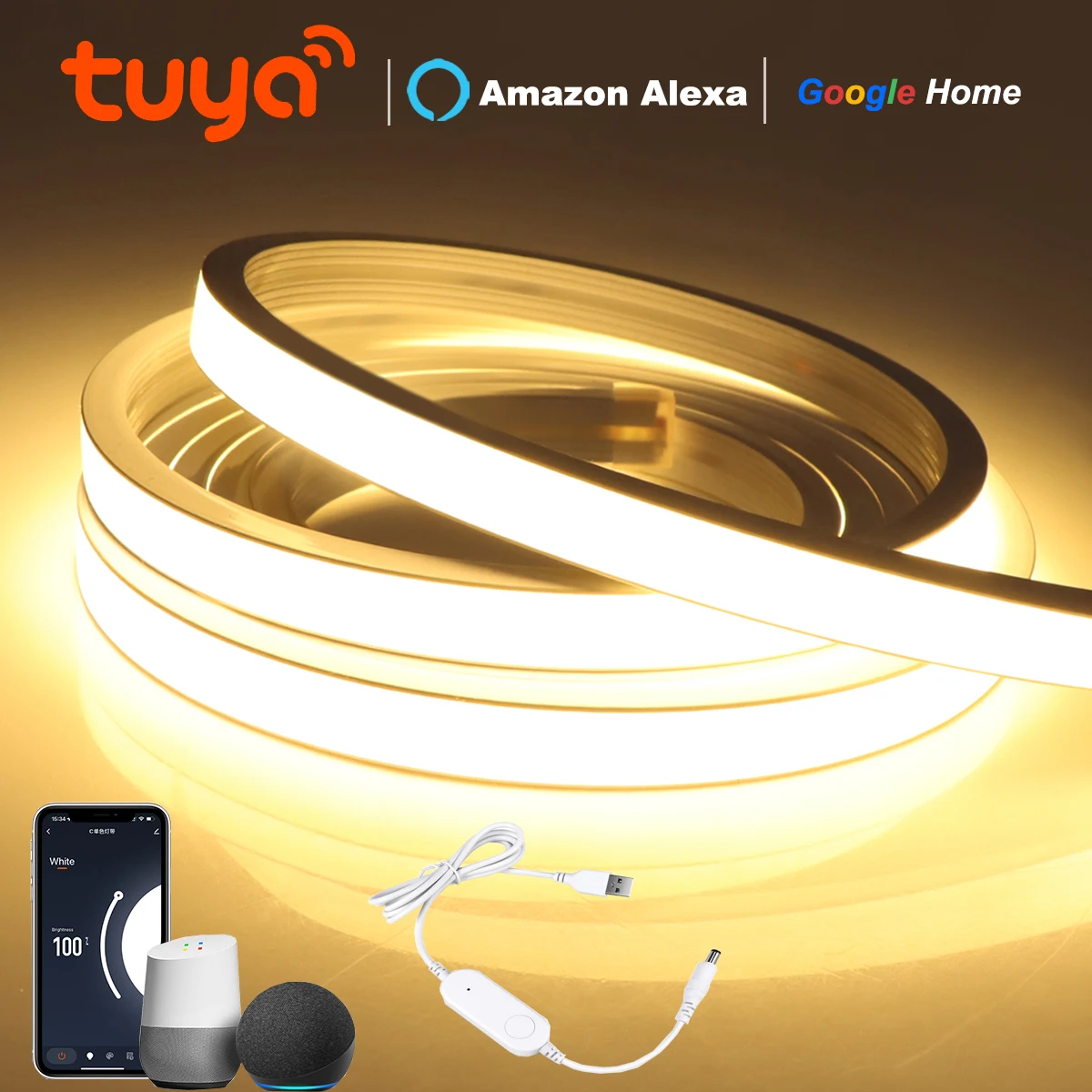 TUYA Smart COB LED Neon Strip Light 320LEDs/M 100% Pure Silicone Tube High Lumen USB 5V With Alexa Google Home APP Voice Control
