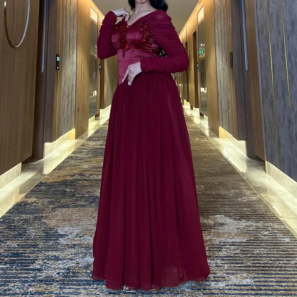 فساتين سهرة مخصصة على شكل حرف A بطول الأرض ورقبة على شكل حرف V وأكمام طويلة فستان حفلات كريستالي بسيط ثنيات كاجوال للحفلات #4