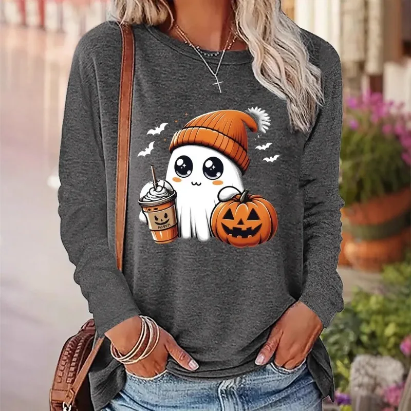 

2025 Autumn and Winter New Product Ghost Pumpkin Women's T-shirt Halloween Casual Cute Long-sleeved Women's T-shirt