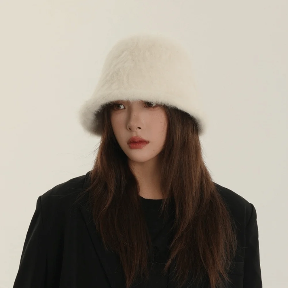 

Temperament Knitted Plush Bucket Cap Warm Furry Winter Fisherman Hat Versatile Solid Color Anti-cold Bucket Hat Cycling