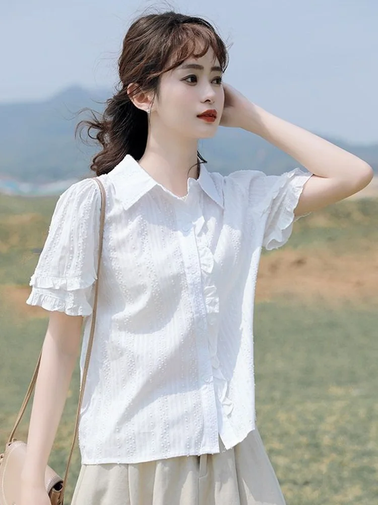 

Summer Sweet White Shirt Women Fashion Pure Cotton Loose Ruffles Cute Blouse Japan Casual Preppy Style Chic Female Kawaii Tops