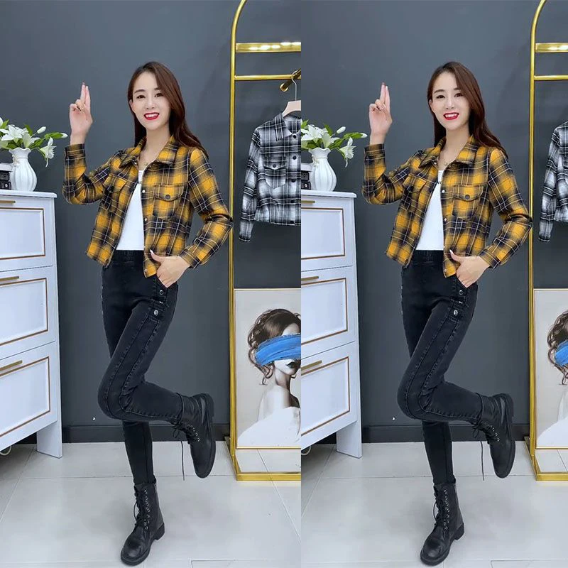 

Japanese Sle Women's ort High Waist Slim Fit irt Spring Autumn Plaid Floing Design Collar Button up Outerwear