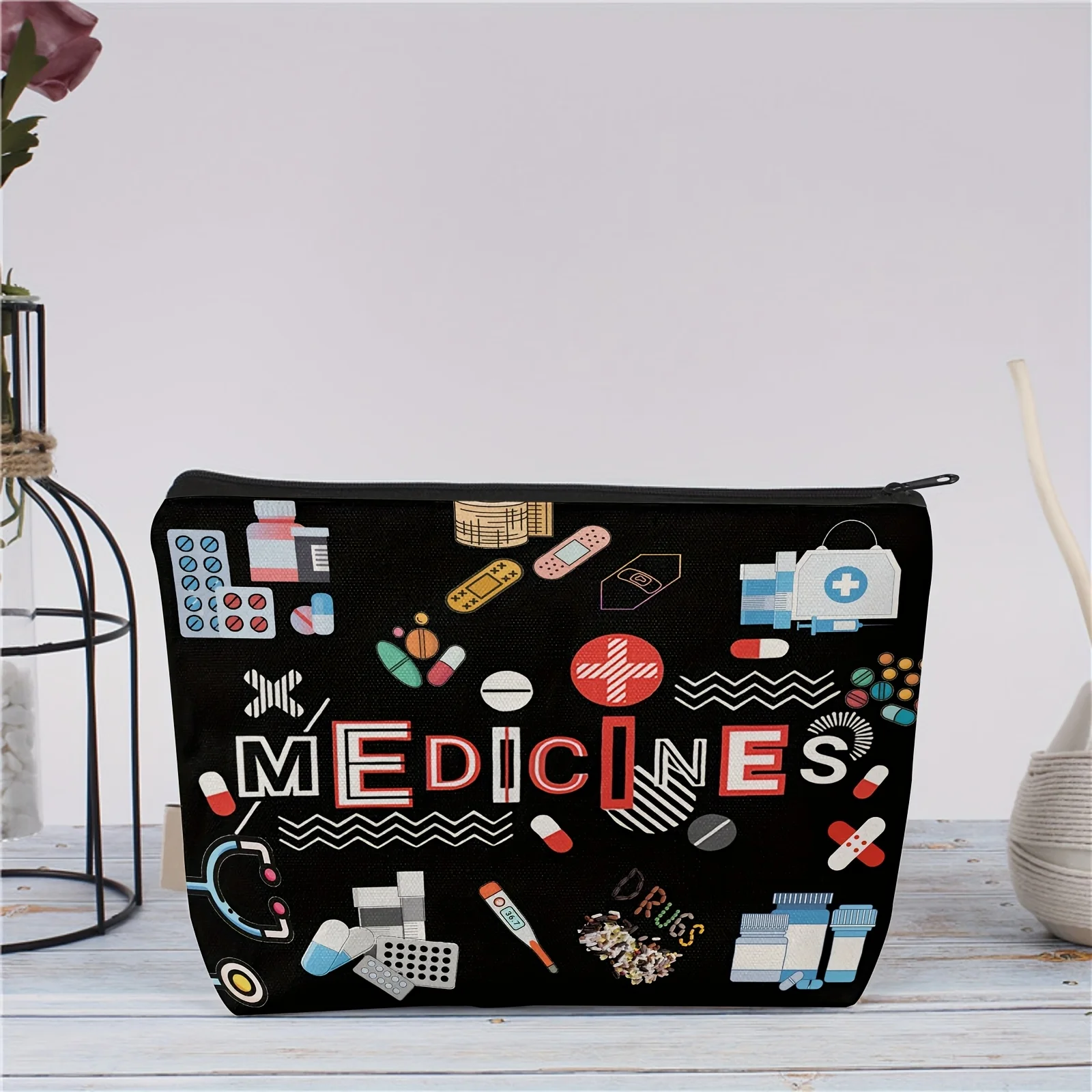 Medicine-Themed Pill Organizer Bag - Zippered Reusable Travel Pouch for Cosmetics & Essentials