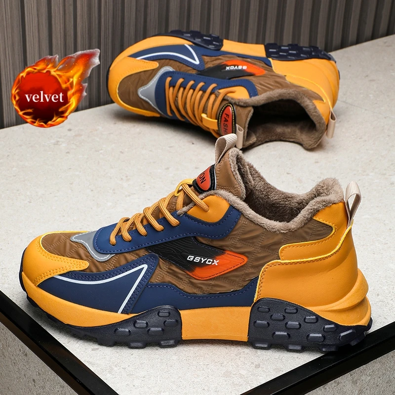 

Зимние бархатные кроссовки для мужчин, классические коричневые туфли на платформе с высоким берцем, мужские уличные теплые меховые мужские повседневные кроссовки, большой размер 46