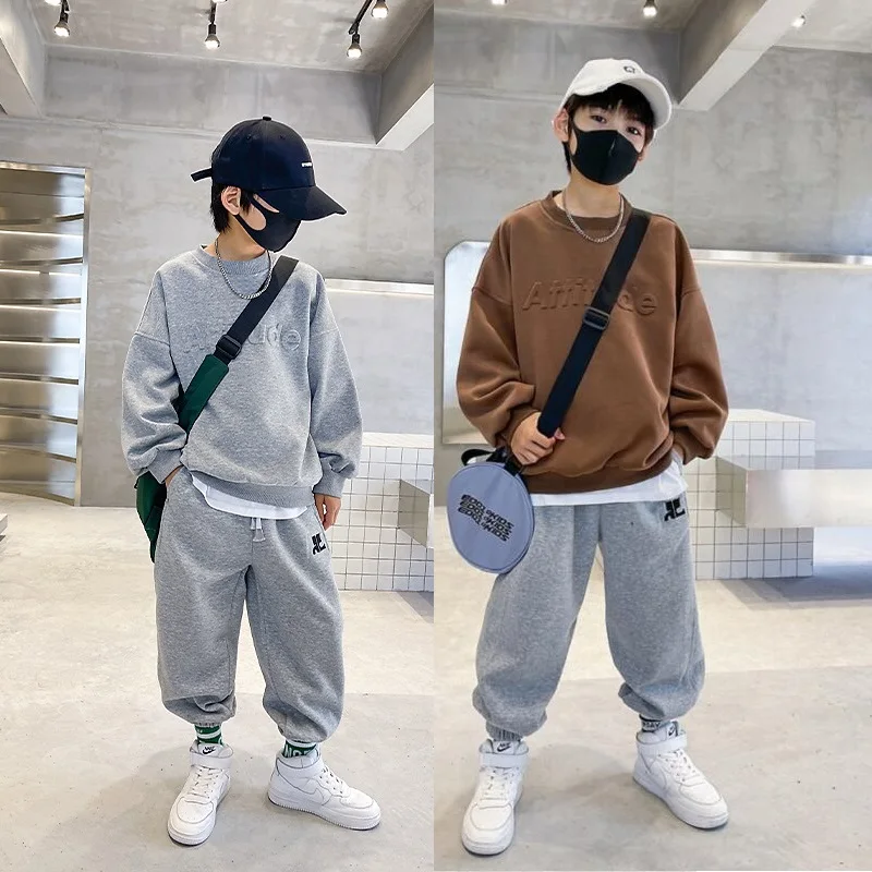 Spring Autumn Boy Embossed Alphabet Sweatshirt+Sweatpant Set School Kids Tracksuit Child Work Outfit Student Jogger Suit 5-16Yrs