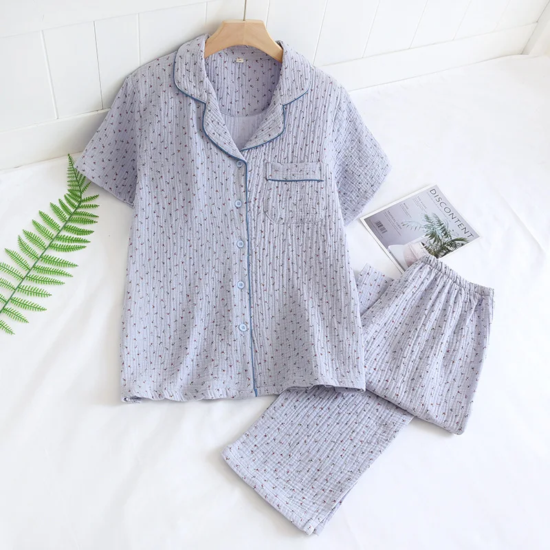

Spring and summer new women's pajamas short-sleeved trousers two-piece set 100% cotton crepe small floral simple homewear suit