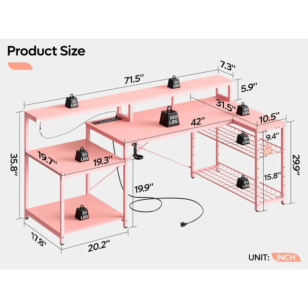 71.5 inch Gaming Desk with Power Outlet, Monitor Stand, Storage Shelf, Cup Holder & Headset Hooks, L Shaped LED Computer Desk