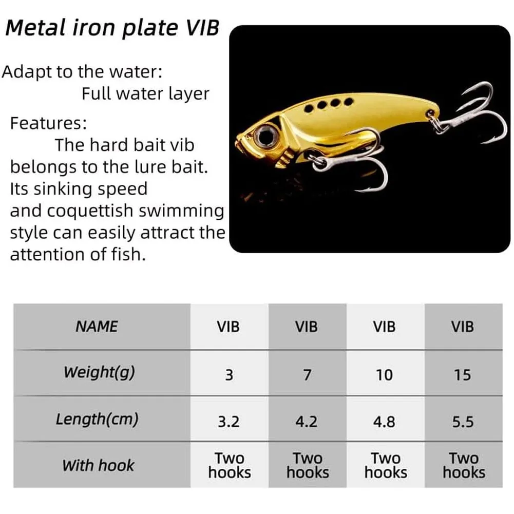 Metal Vib Fishing Spoon Lures, Bait de lâmina de ação ajustável, pesca de água doce e salgada, 3g, 7g, 10g, 15g