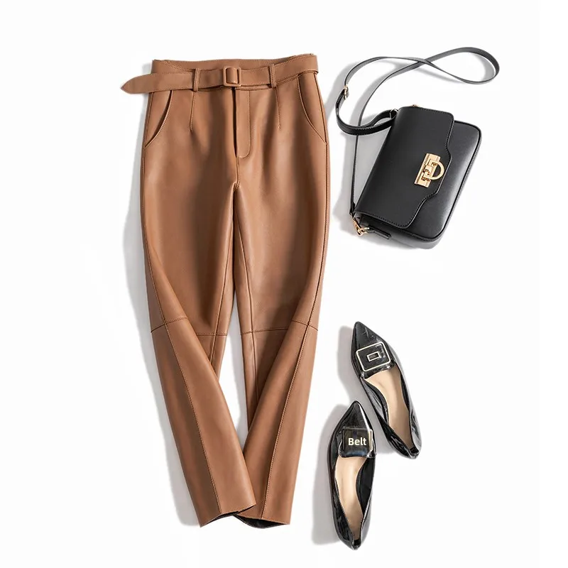 

Real Leather eepskin Pants Women's Mid-Waist Wrap-Around A-Line Nine-Piece Pants Autumn Winter New Sle Casual Trousers