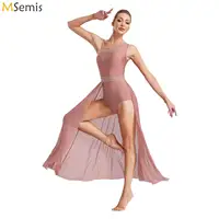 Traje de baile lírico de Ballet para mujer, vestidos de leotardo con diamantes de imitación, vestido superpuesto dividido de malla sin mangas, Ropa de baile contemporánea moderna