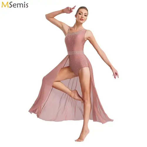 Traje de baile lírico de Ballet para mujer, vestidos de leotardo con diamantes de imitación, vestido superpuesto dividido de malla sin mangas, Ropa de baile contemporánea moderna