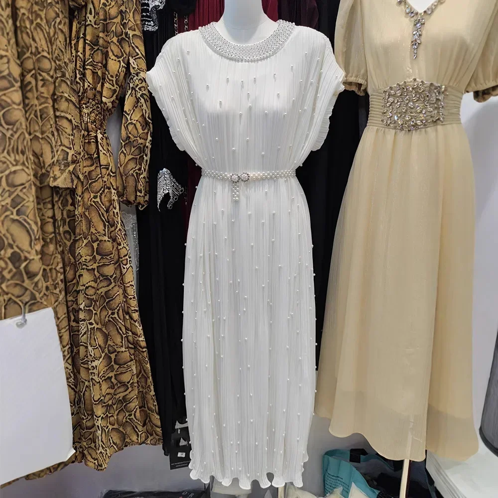 

Elegant Women's Summer Evening Dress with Pearl Chain, Pleated & Belt for Party