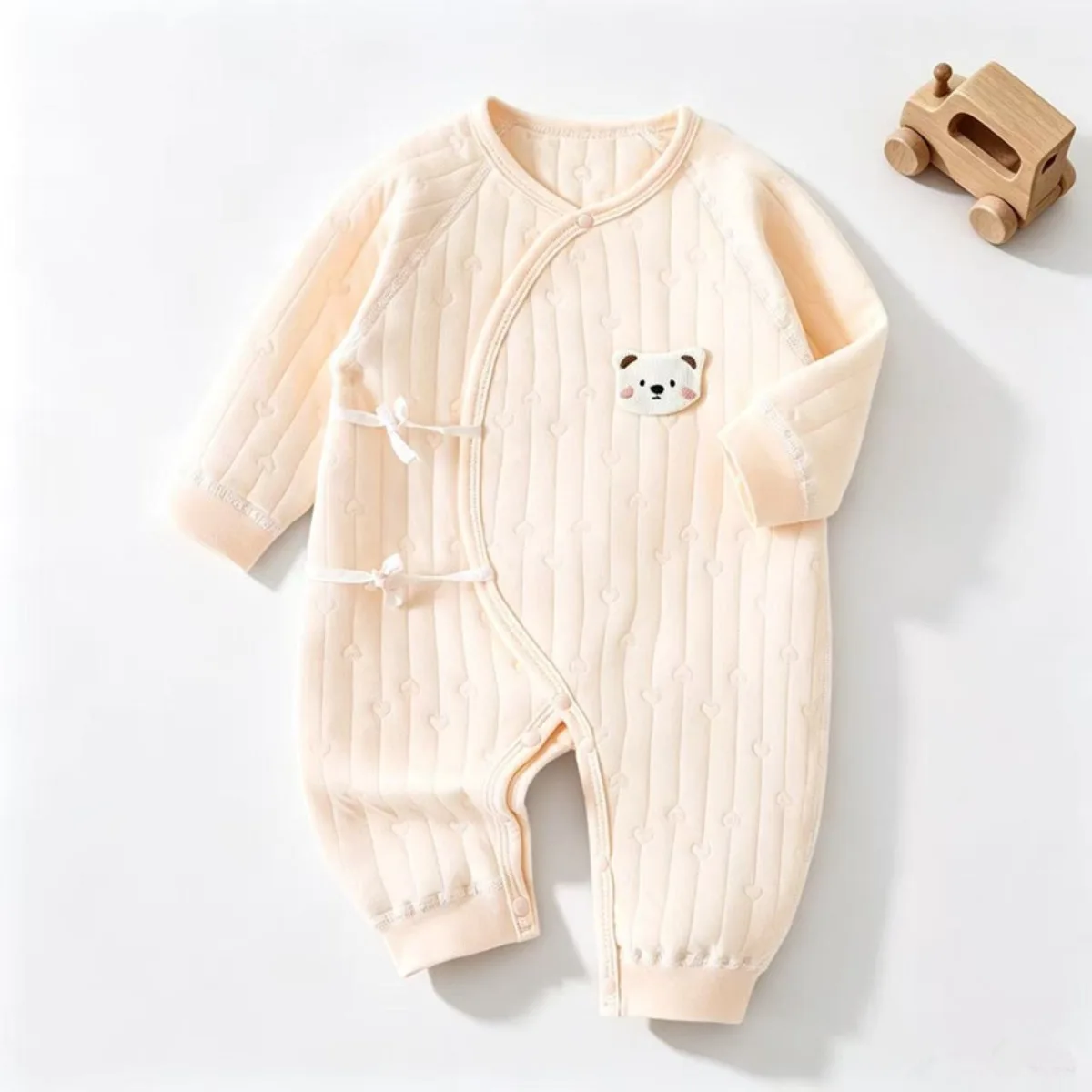 Newborn Baby Cotton Romper Long Sleeve Insulated Interlining Unisex Onesie with Adjustable Side Tie for Spring Autumn 0-6 Months