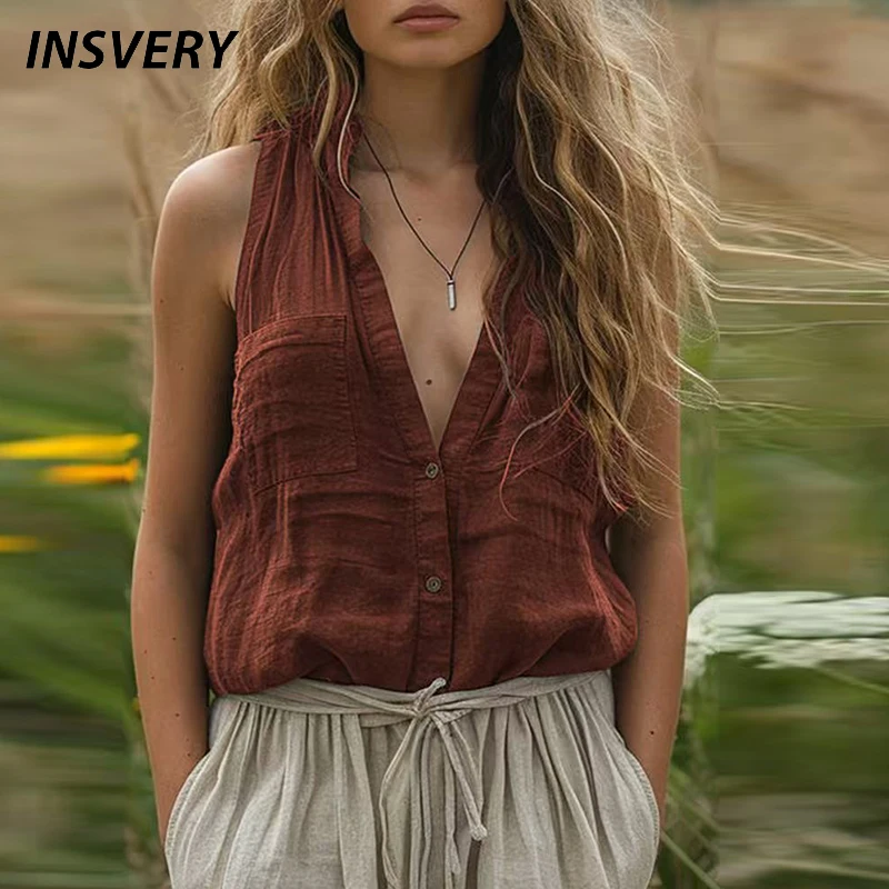 

Elegant Sleeveless T Shirt Women Casual V Neck Button Tee Female Casual Vest Women Tank Tops Female T-Shirts