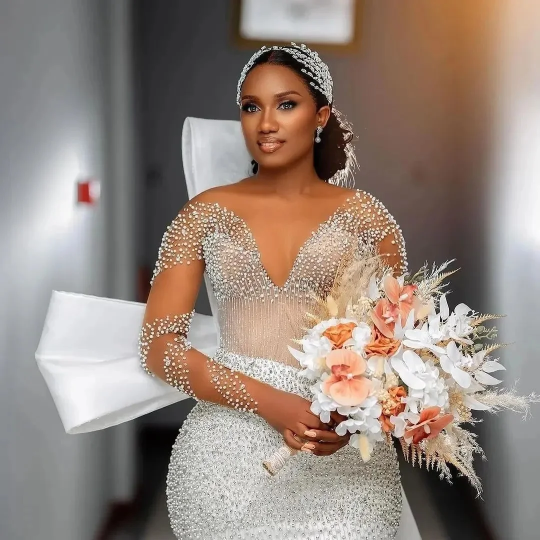 

Customized Mermaid Bride Bridal Gowns Long Sleeves Rhinestones Beaded Pearls Crystals Ruffled Wedding Gowns Dress
