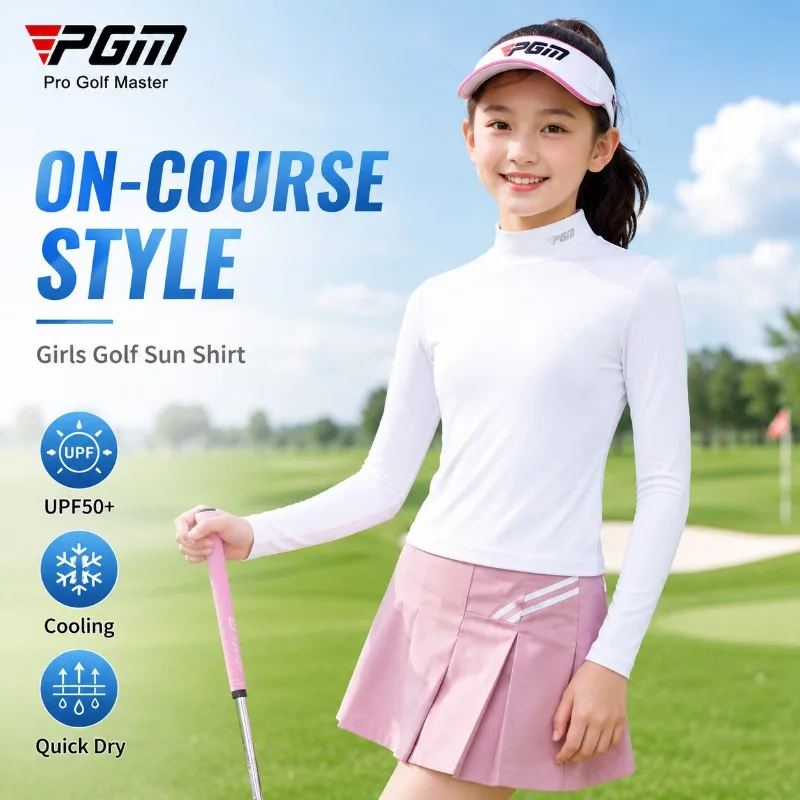 PGM Girls Golf Long Sleeve Shirt UPF50+ Sun Protection Ice Silk Cooling Quick Dry Stretch Base Layer for Kids