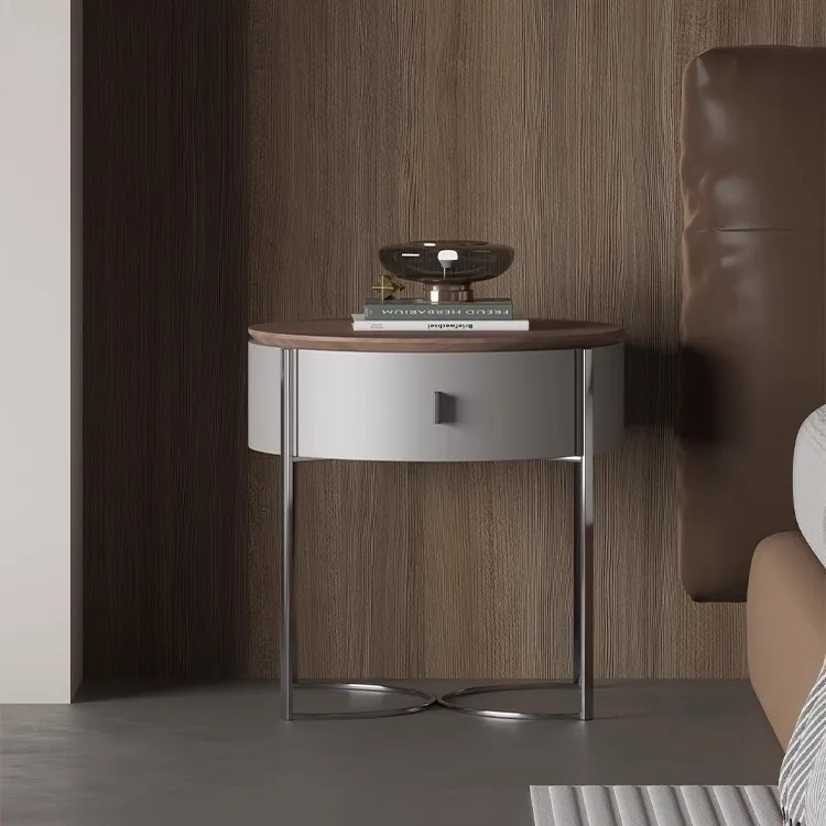 Solid wood modern simple walnut bedside table painted stainless steel high-footed locker
