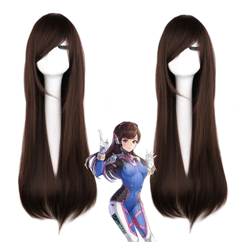 Overwatch D.Va Cos دور غطاء شعر مستعار لعبة ألعاب عاصفة الثلج شخصية شعر مستعار الكرة فستان الملابس مباراة أغطية الرأس شعر طويل مستقيم