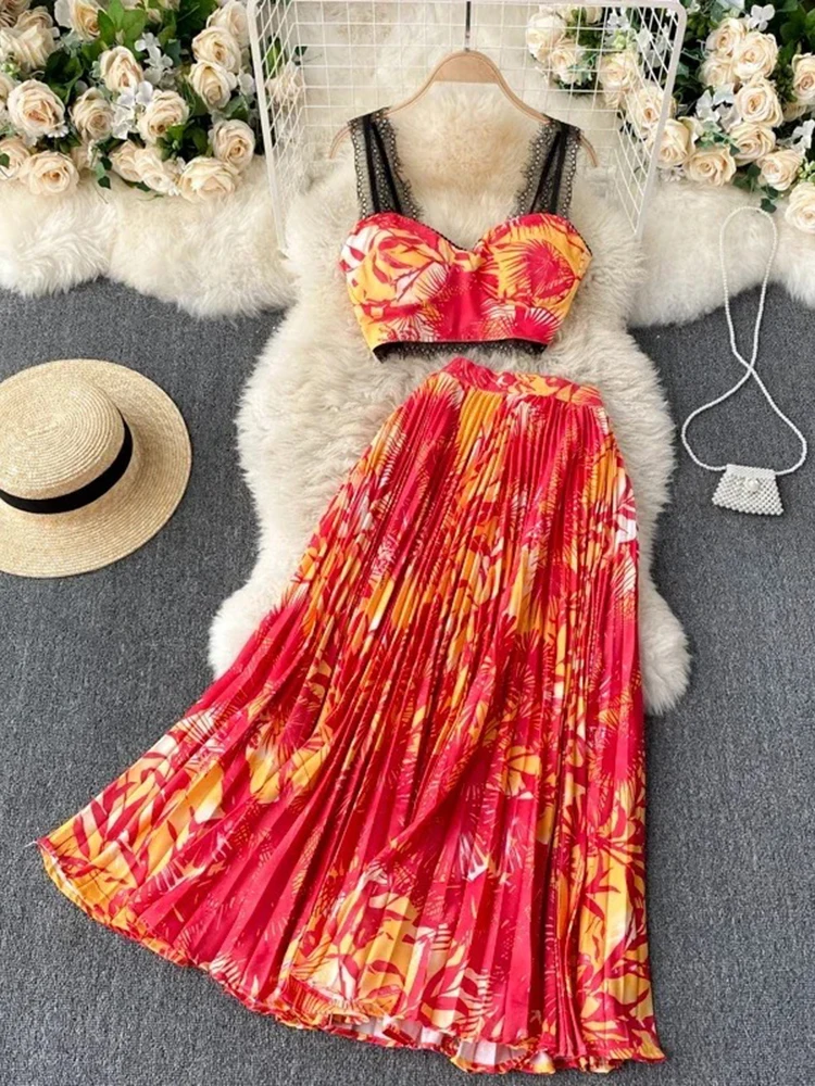 

Women's Summer Skirt Two-piece Set New Ins Holiday Style Sexy Suit Lace Camisole Short Top High Waist Pleated Skirt C271