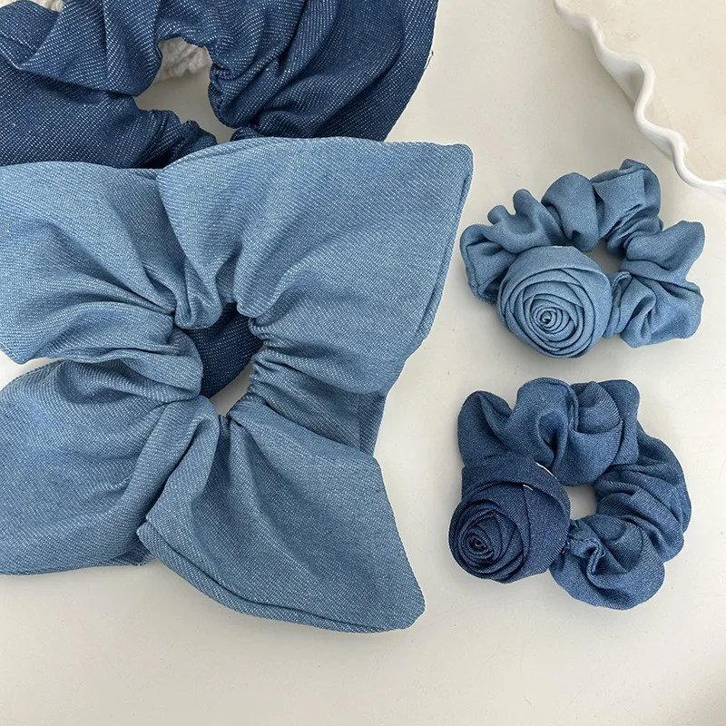 Korean Blue Denim Flower Hair Rope Solid Color Hair Tie Elastic Hairband Elegant Ponytail Holder Rubber Girls Hair Accessories