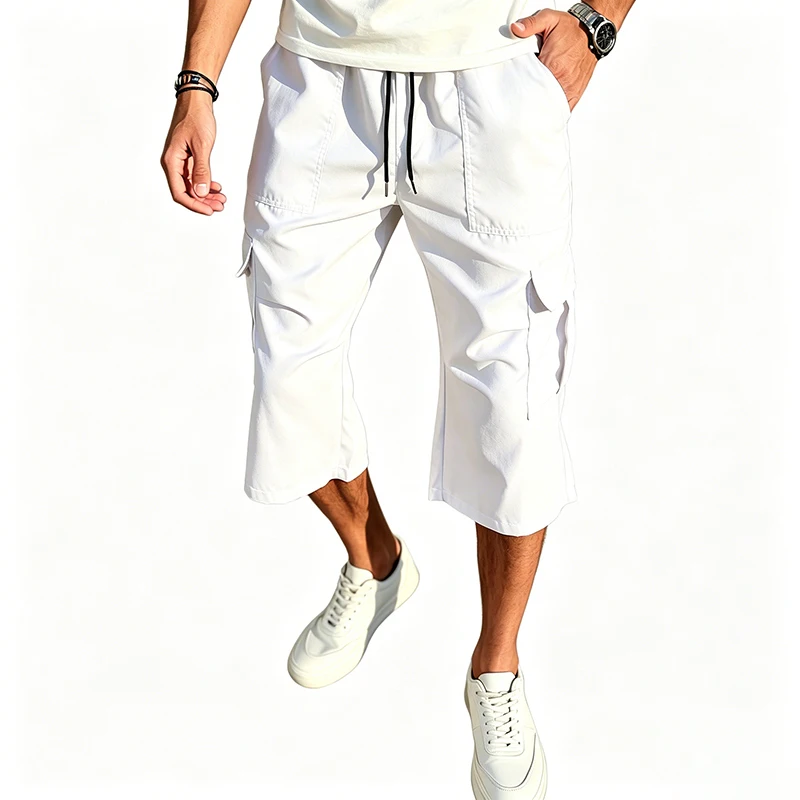 2026 New Men Multi Pocket Cargo Capri Shorts Loose Fit Daily Street Travel Outdoor Casual Drawstring Waist Cropped Short Pants view 2
