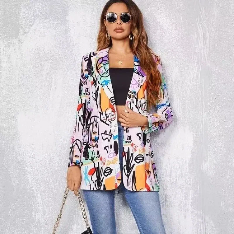 Elegant Women Print Blazer Top Casual Fashion Long Sleeve Lapel Collar Print Open Front Jacket Coat Outwear Y2K INS Clothes