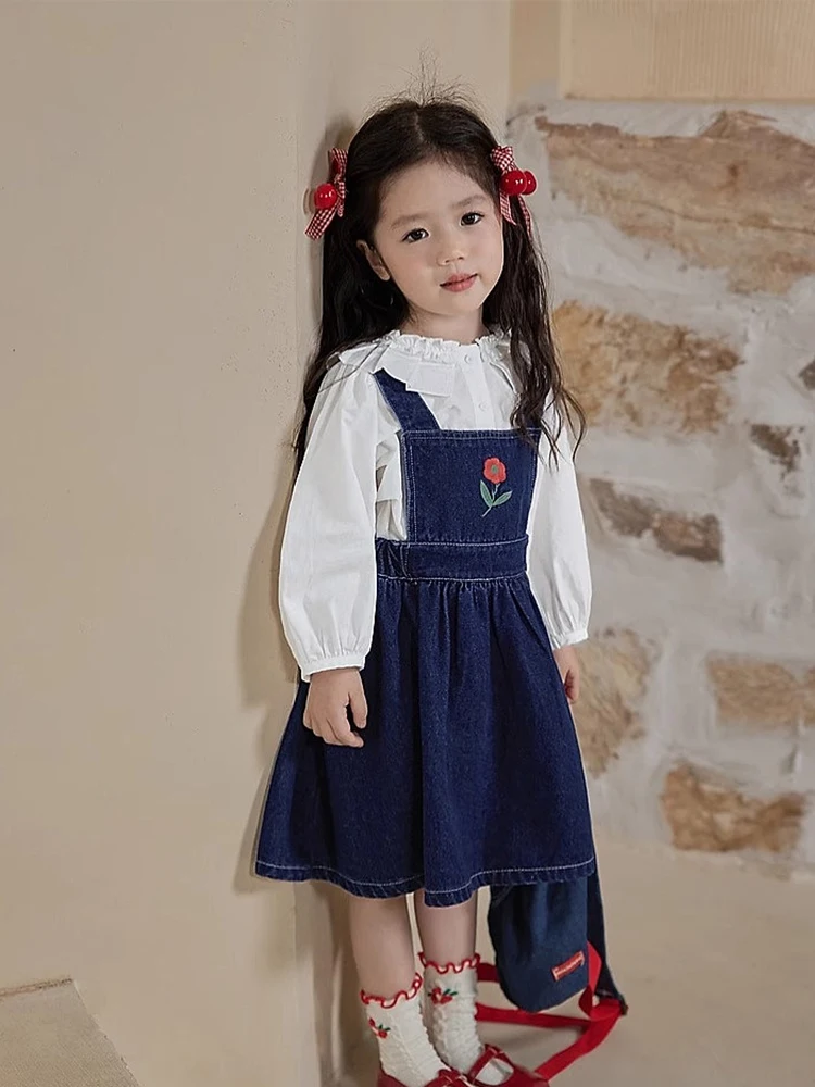 Kids Autumn Clothes Set Baby Girls Doll collar White Shirt Vest Denim Dress Children Preppy Style Suit Lovely Dress for 1-7Years