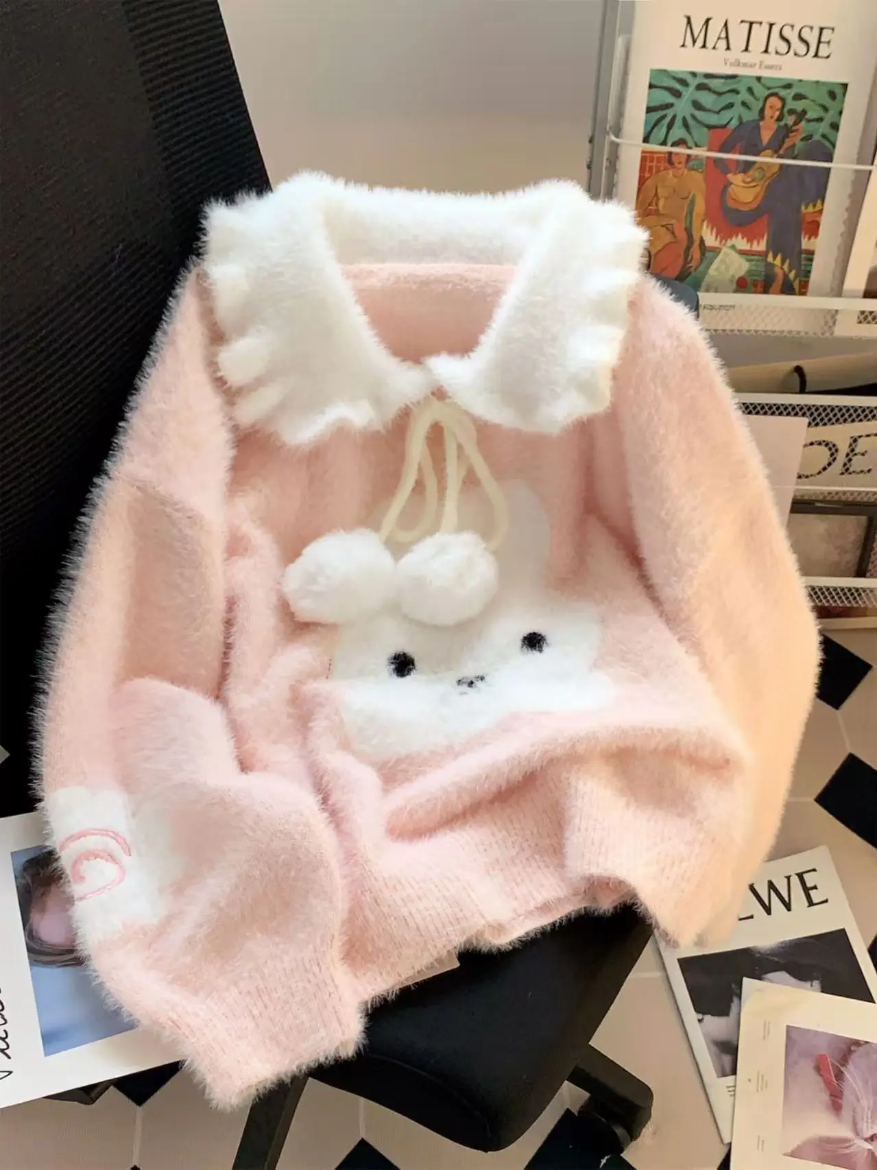 

Винтажный кашемировый милый японский вязаный джемпер из искусственной норки, милый свитер с героями мультфильмов, женские мягкие топы с длинными рукавами и бантом в консервативном стиле, новинка