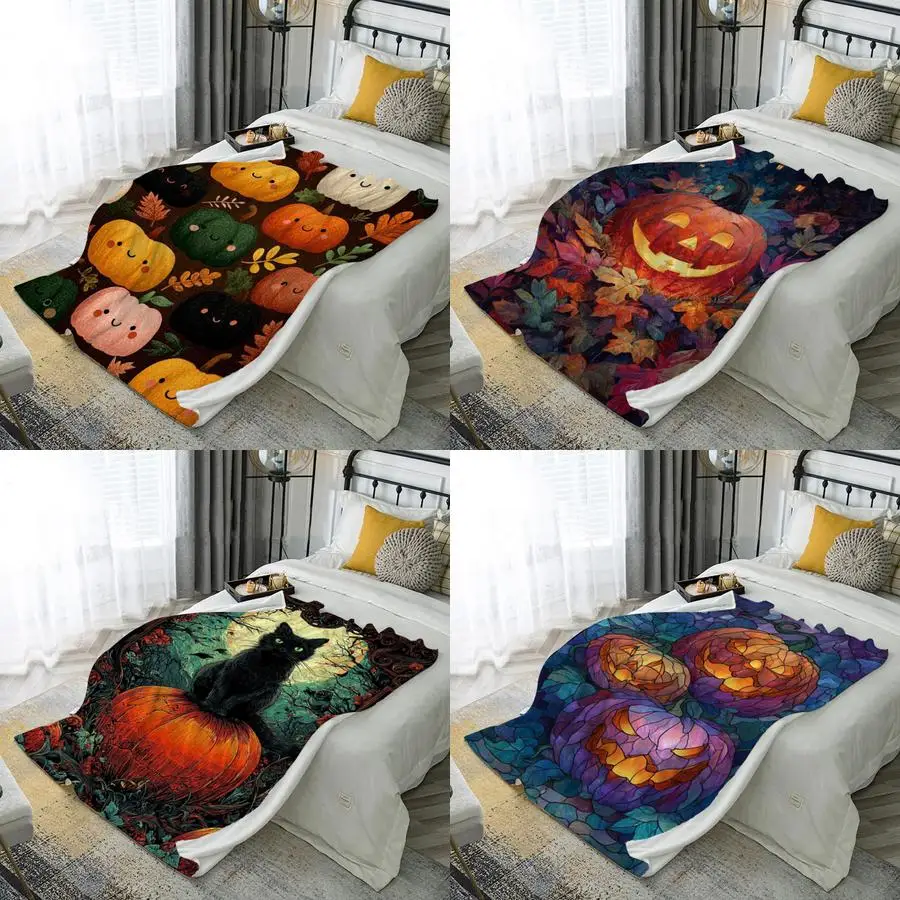 

Cute Pumpkin Pattern Microfiber Flannel Cover Blanket Bedroom Living Room Sofa Soft And Comfortable Home Decoration