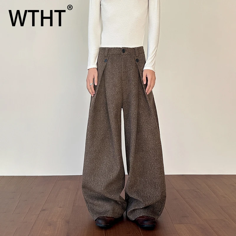 WTHT Fashion Men’s Solid Color Straight Pleated Blazer Pants Trendy 2025 Winter High-waisted Wide Leg Trousers Male 2A2476