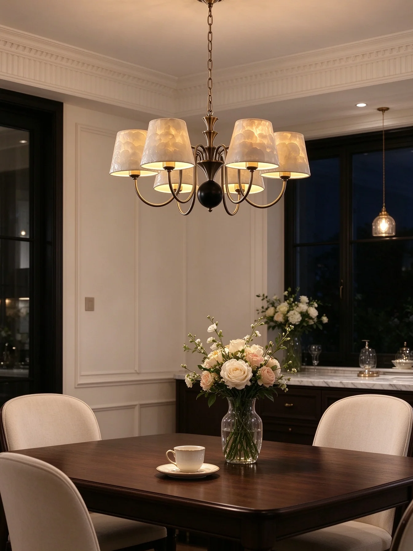 6 Lights E27 Chrome Metal Chandelier Natural Shell Shades Pendant Lamp 90-260V Home Lighting