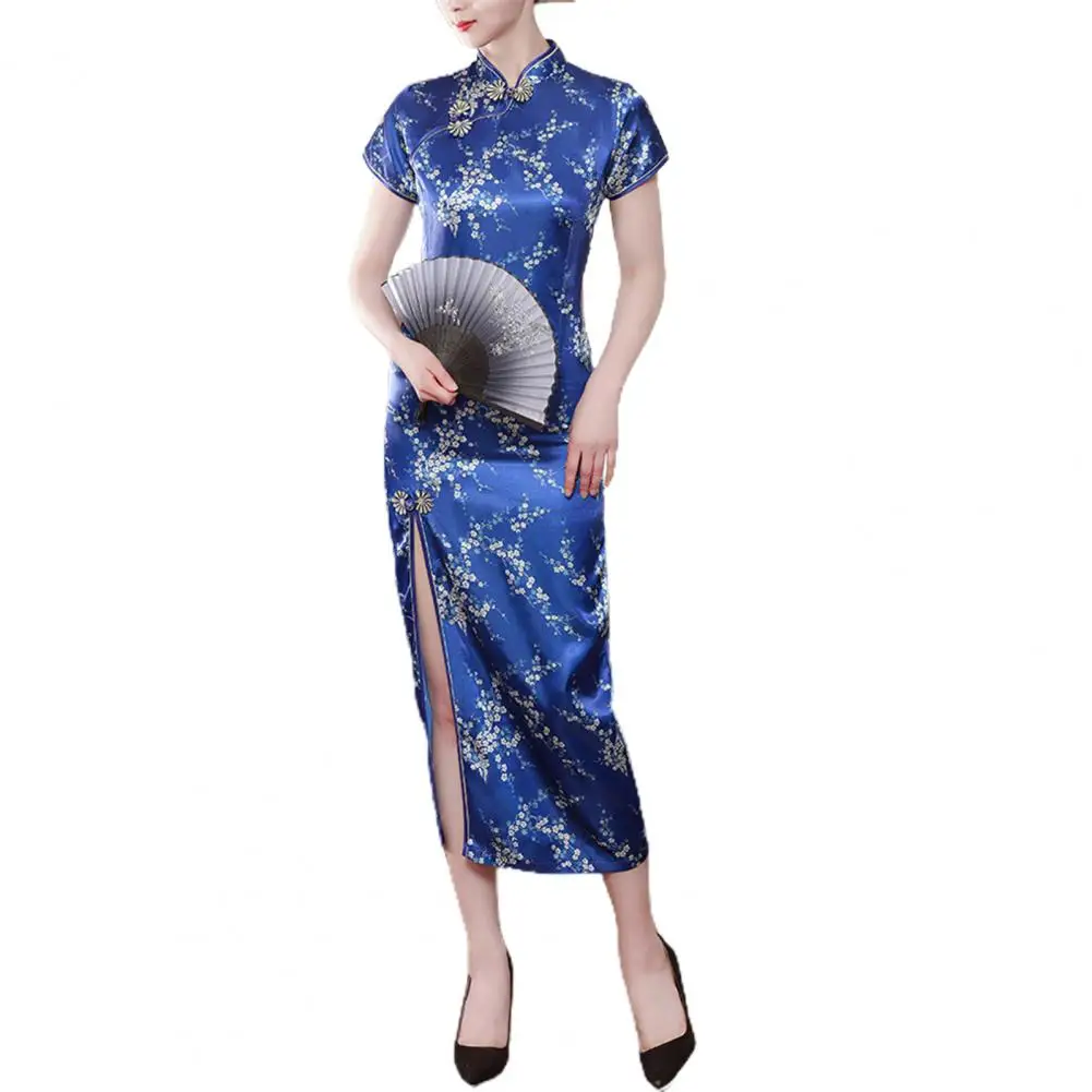 Elegante falso cetim cheongsam longo, estilo vintage, gola, manga curta, qipao, estampa de flores, especial